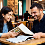 **Prompt 1: Breaking the Ice in a Global Cafe**
    "A cozy, vibrant co-working cafe bustling with diverse international digital nomads. Focus on a warm, inviting atmosphere. One person, with an approachable smile, is gently initiating a conversation with another person who is engrossed in a book or working on a laptop. Highlight a subtle shared interest, like a unique coffee mug, an open book with Arabic script, or a small cultural item on the table. The scene should convey the initial moment of connection, the breaking of the first silence, and the universal power of a genuine smile in building international friendships. Emphasize a sense of curiosity and openness between strangers."