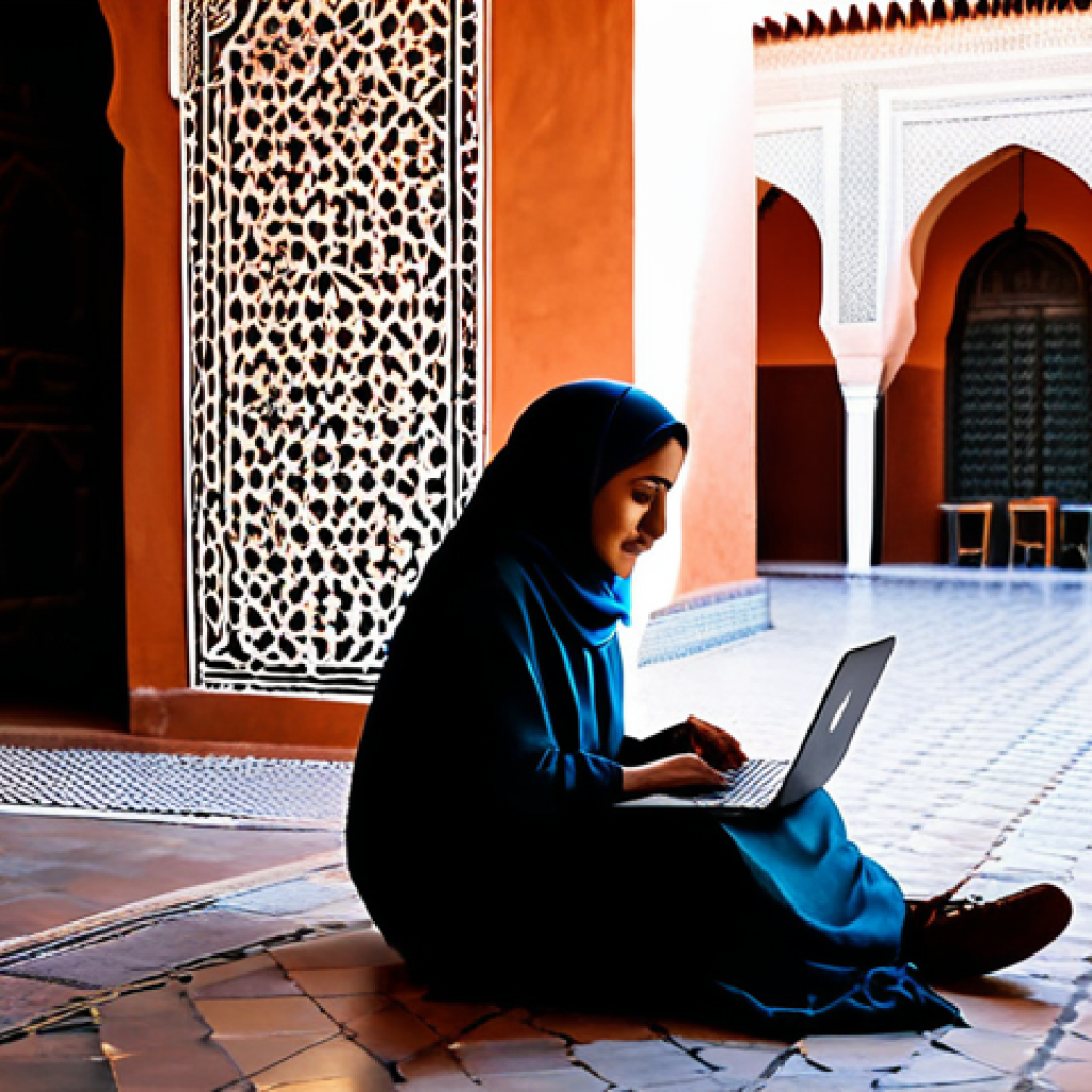 Digital Nomad in Morocco**
"A young Arab woman, fully clothed in modest, stylish travel attire, working on a laptop at a traditional riad in Marrakech, Morocco. Sunlight filters through the courtyard, casting shadows on the intricate tilework. Safe for work, appropriate content, perfect anatomy, natural proportions, professional photography, high quality, family-friendly."
**