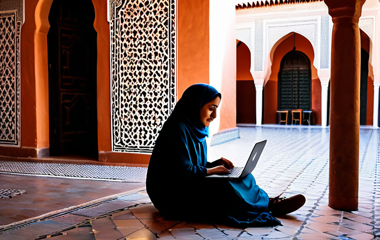 Digital Nomad in Morocco**
"A young Arab woman, fully clothed in modest, stylish travel attire, working on a laptop at a traditional riad in Marrakech, Morocco. Sunlight filters through the courtyard, casting shadows on the intricate tilework. Safe for work, appropriate content, perfect anatomy, natural proportions, professional photography, high quality, family-friendly."
**