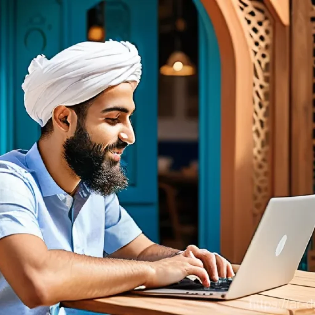디지털 노마드를 위한 협업 도구 추천 - **"A digital nomad, a young Arab man with a neatly trimmed beard, sits comfortably in a vibrant, sun...