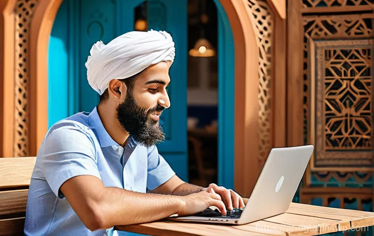 디지털 노마드를 위한 협업 도구 추천 - **"A digital nomad, a young Arab man with a neatly trimmed beard, sits comfortably in a vibrant, sun...