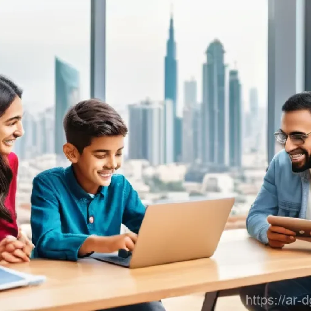 디지털 노마드 생활과 가족 관계 - **Prompt:** "An Arab digital nomad family, consisting of parents and two children (around 8 and 12 y...