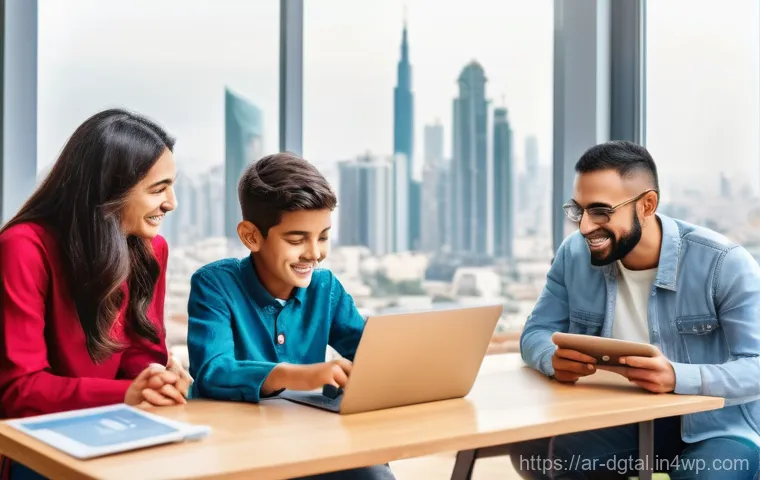디지털 노마드 생활과 가족 관계 - **Prompt:** "An Arab digital nomad family, consisting of parents and two children (around 8 and 12 y...