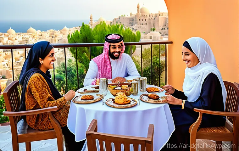 디지털 노마드 생활과 가족 관계 - **Prompt:** "An Arab mother, modestly dressed, and her two children (a boy of 7 and a girl of 10) ar...