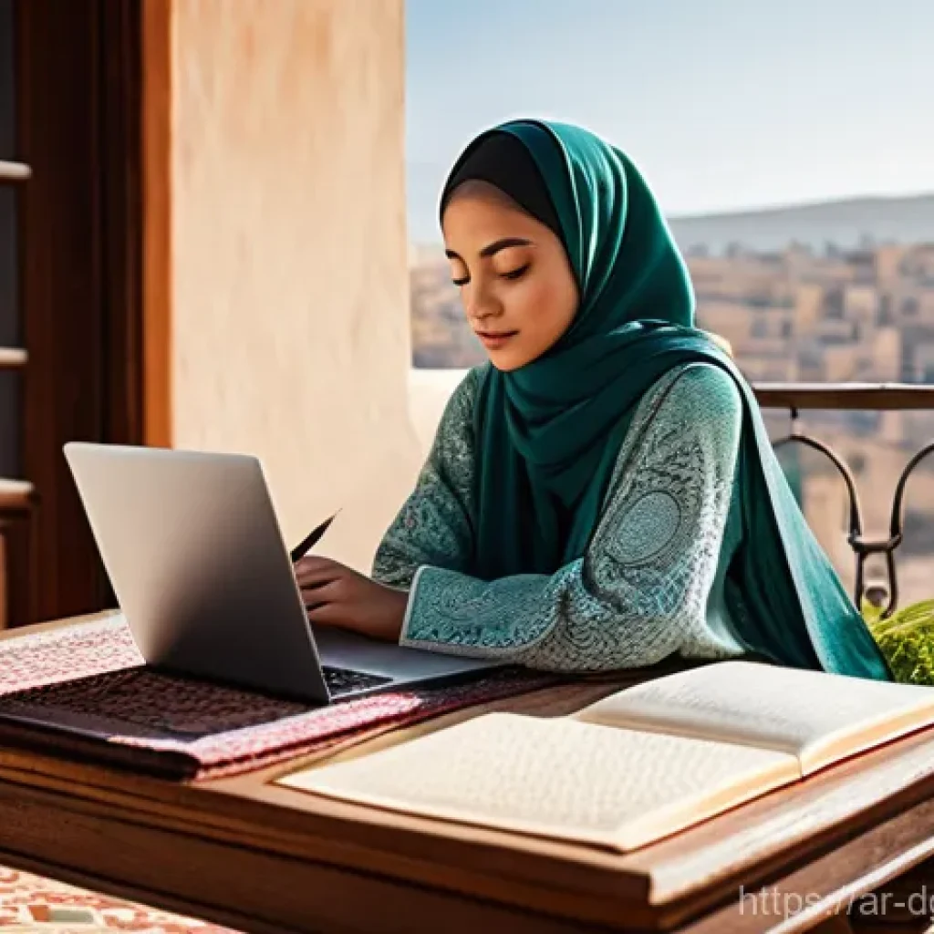 여행하면서 일하는 노마드의 하루 - **Prompt:** A serene Arab digital nomad, a young woman in a stylish, flowing abaya or modest contemp...