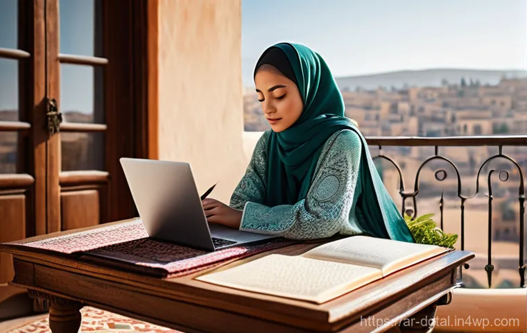 여행하면서 일하는 노마드의 하루 - **Prompt:** A serene Arab digital nomad, a young woman in a stylish, flowing abaya or modest contemp...