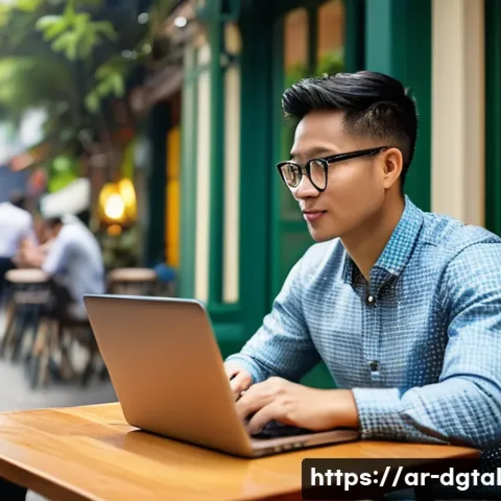 디지털 노마드의 일자리 찾기 가이드 - **Prompt 1: Focused Digital Nomad in a Vibrant Cafe Setting**
A young, diverse professional (mal...