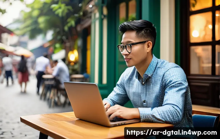 디지털 노마드의 일자리 찾기 가이드 - **Prompt 1: Focused Digital Nomad in a Vibrant Cafe Setting**
A young, diverse professional (mal...