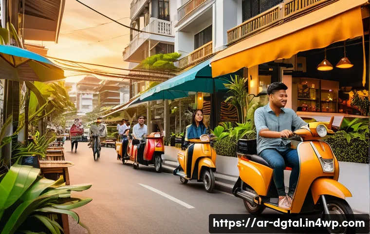 디지털 노마드의 임시 거주지 추천 - A vibrant digital nomad café scene in Bangkok, Thailand, showcasing a diverse group of young profess...