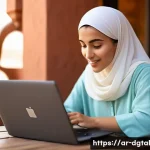 Home 21 디지털 노마드의 비즈니스 레슨 - A dynamic digital nomad woman working on her laptop inside a cozy Middle Eastern café, wearing modes...