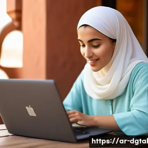 Home 33 디지털 노마드의 비즈니스 레슨 - A dynamic digital nomad woman working on her laptop inside a cozy Middle Eastern café, wearing modes...