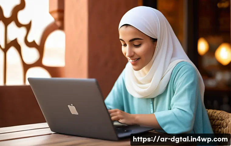 디지털 노마드의 비즈니스 레슨 - A dynamic digital nomad woman working on her laptop inside a cozy Middle Eastern café, wearing modes...