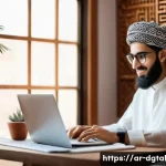 Home 20 디지털 노마드의 직업 선택 가이드 - A modern digital nomad workspace scene in a cozy Middle Eastern-inspired home office, featuring a yo...