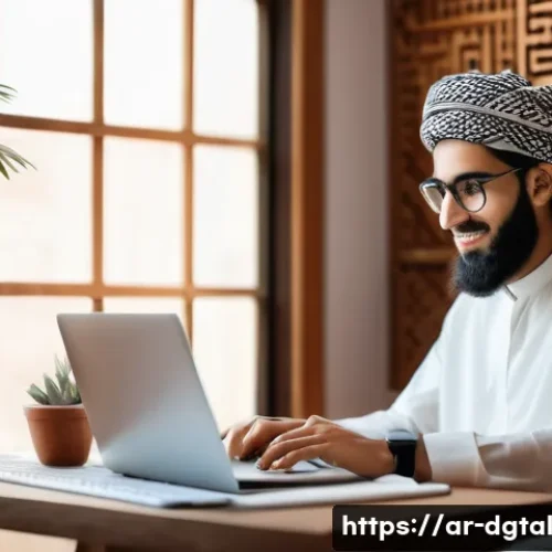 Home 32 디지털 노마드의 직업 선택 가이드 - A modern digital nomad workspace scene in a cozy Middle Eastern-inspired home office, featuring a yo...