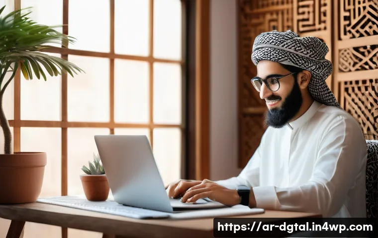 디지털 노마드의 직업 선택 가이드 - A modern digital nomad workspace scene in a cozy Middle Eastern-inspired home office, featuring a yo...
