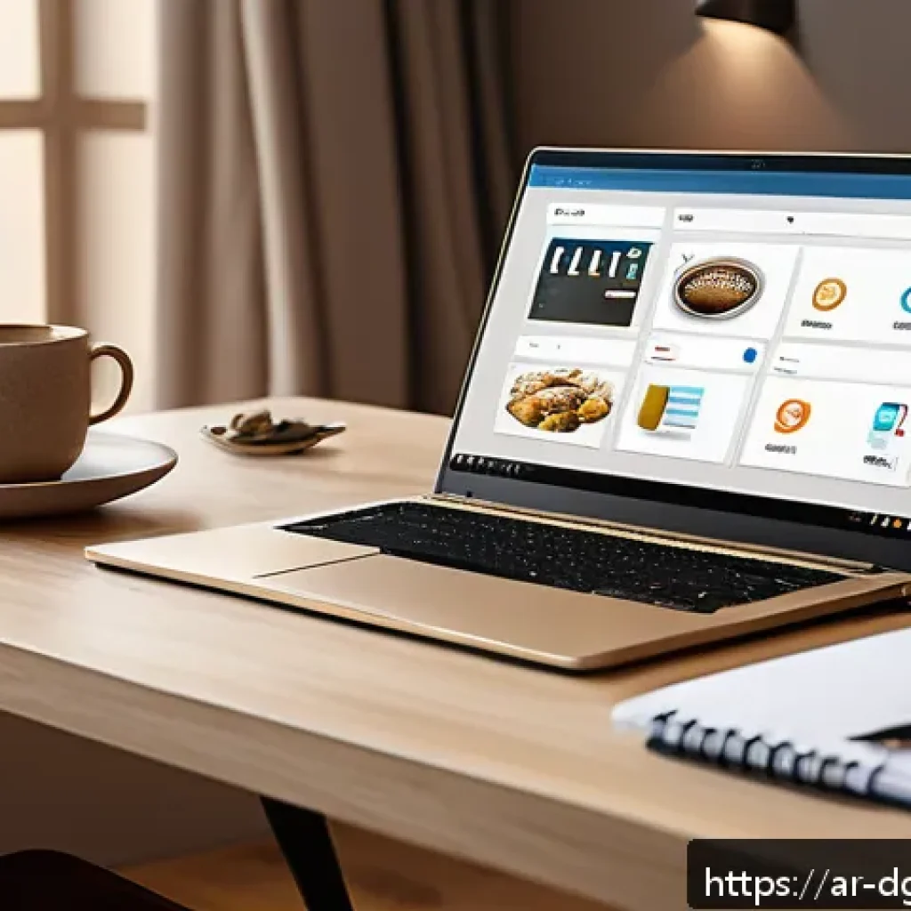 디지털 노마드의 비대면 작업 환경 설정 - A modern digital workspace designed for Arabic remote workers, featuring a sleek laptop displaying p...