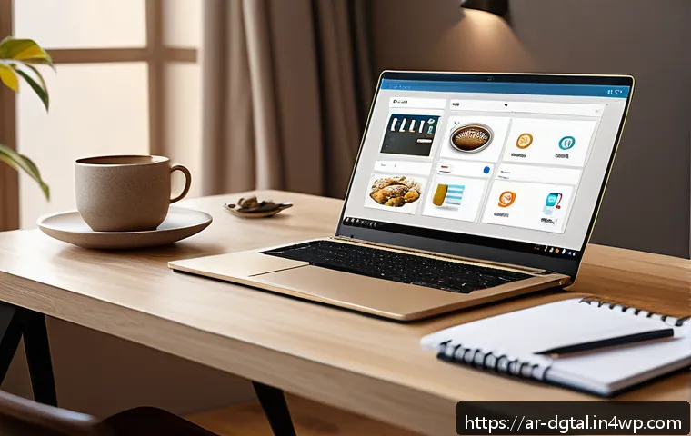 디지털 노마드의 비대면 작업 환경 설정 - A modern digital workspace designed for Arabic remote workers, featuring a sleek laptop displaying p...