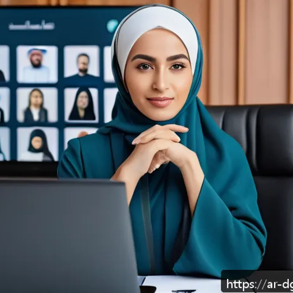 디지털 노마드를 위한 글로벌 네트워크 만들기 - A professional Middle Eastern businesswoman dressed in elegant modest attire, attentively participat...