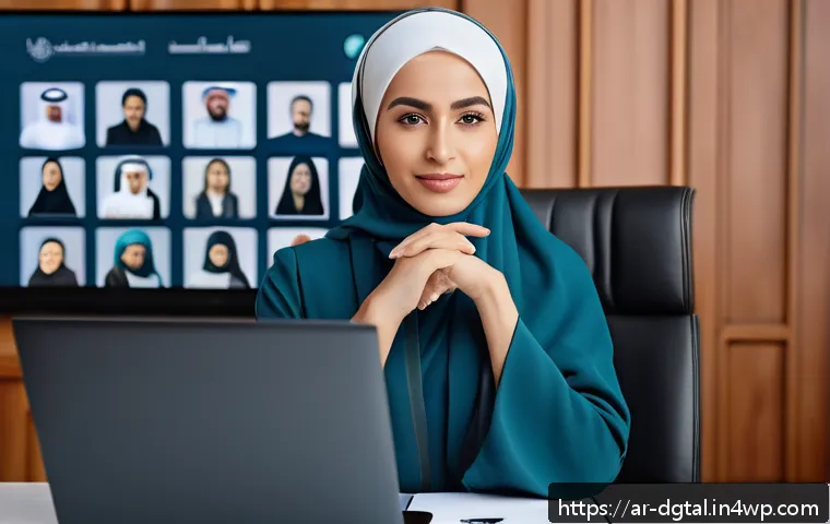 디지털 노마드를 위한 글로벌 네트워크 만들기 - A professional Middle Eastern businesswoman dressed in elegant modest attire, attentively participat...