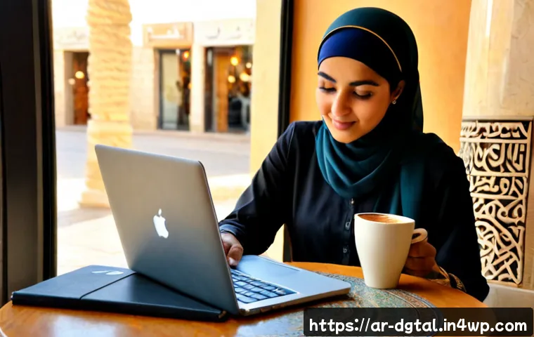 디지털 노마드의 창의성 발휘하기 - Photorealistic digital nomad woman in modest contemporary attire and headscarf, working creatively o...