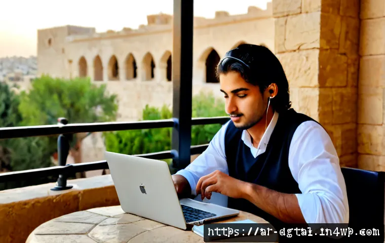 디지털 노마드의 여행 중 생산성 유지 방법 - Photorealistic digital nomad working efficiently at a quiet café terrace in Amman, Jordan, a focused...
